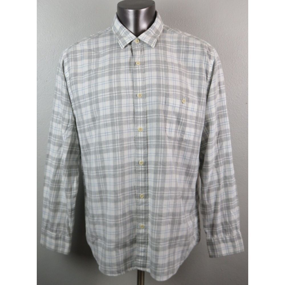 Mens Faherty Plaid Shirt Gray White Blue Size XXL Organic Cotton Button Front